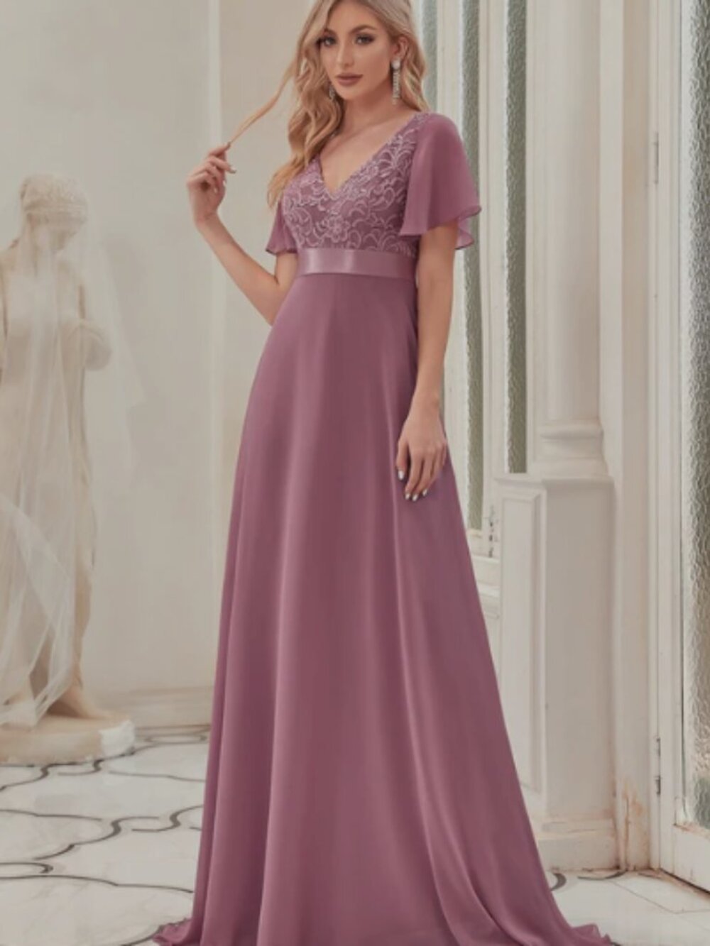 Long V Neck Lace/Chiffon Gown with Flutter Sleeves Size 22